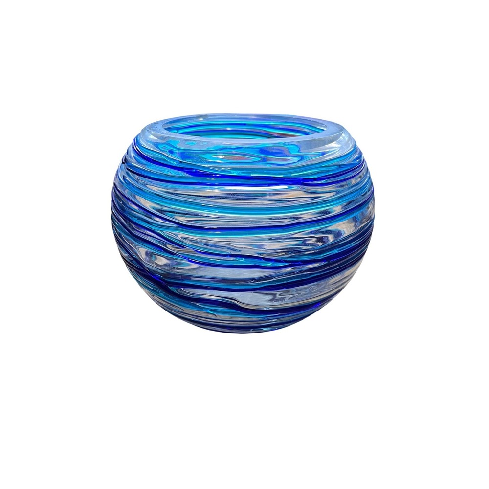Unbranded Art Glass Vase Home Decor Blue Swirl Ribbed Sphere Round Handblown